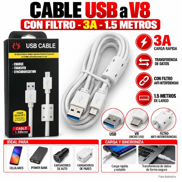 &ua CABLE CARGADOR TIPO V8 3A 1,5MTS (2387)